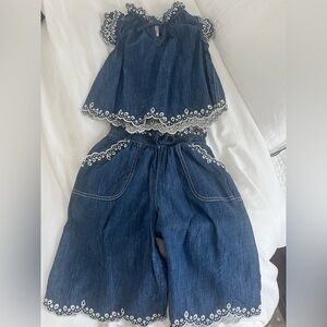 Zimmermann Blue Denim Top & Pants with White Lace Trim